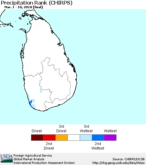 Sri Lanka Precipitation Rank since 1981 (CHIRPS) Thematic Map For 3/1/2018 - 3/10/2018