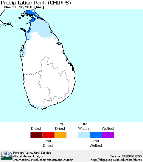 Sri Lanka Precipitation Rank since 1981 (CHIRPS) Thematic Map For 3/11/2018 - 3/20/2018