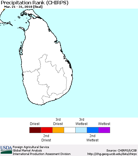 Sri Lanka Precipitation Rank since 1981 (CHIRPS) Thematic Map For 3/21/2018 - 3/31/2018