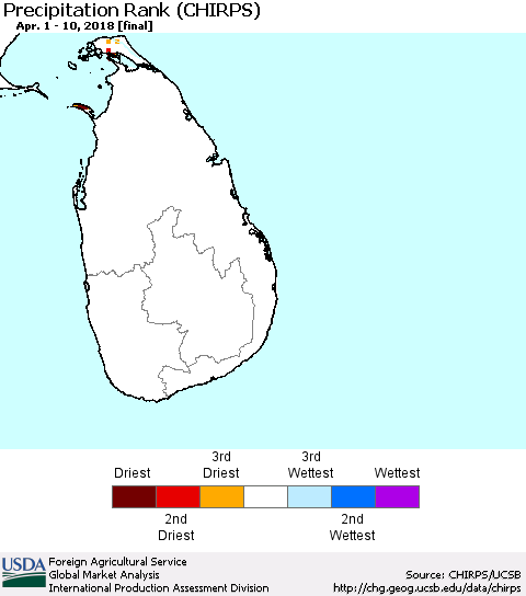 Sri Lanka Precipitation Rank since 1981 (CHIRPS) Thematic Map For 4/1/2018 - 4/10/2018