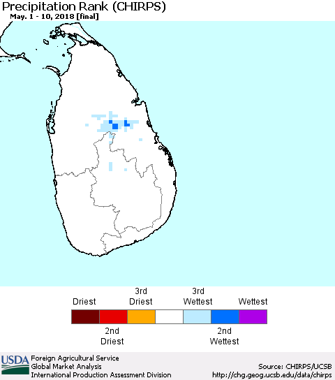 Sri Lanka Precipitation Rank since 1981 (CHIRPS) Thematic Map For 5/1/2018 - 5/10/2018
