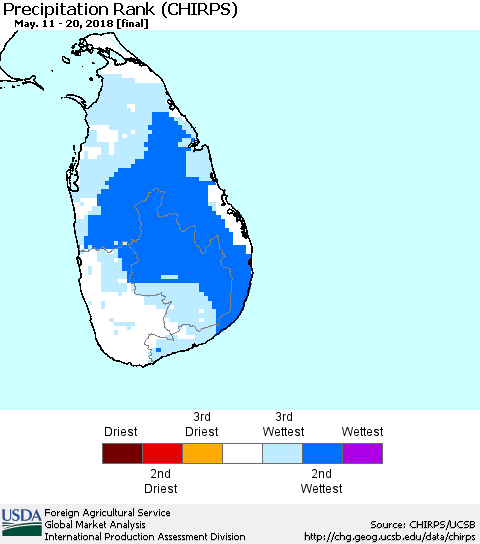 Sri Lanka Precipitation Rank since 1981 (CHIRPS) Thematic Map For 5/11/2018 - 5/20/2018