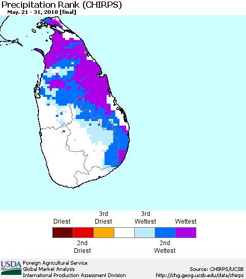 Sri Lanka Precipitation Rank since 1981 (CHIRPS) Thematic Map For 5/21/2018 - 5/31/2018