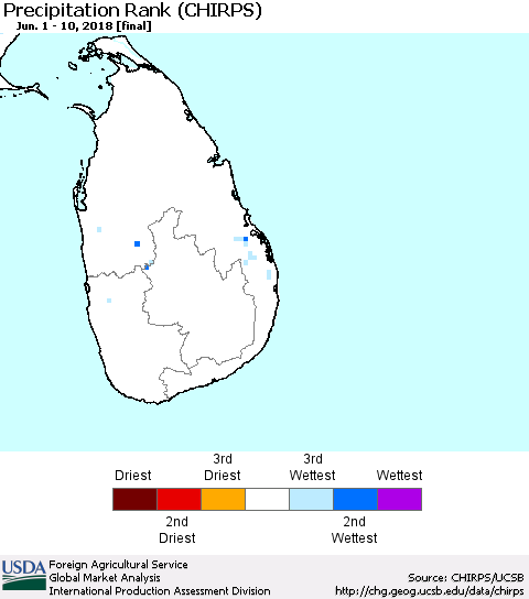 Sri Lanka Precipitation Rank since 1981 (CHIRPS) Thematic Map For 6/1/2018 - 6/10/2018