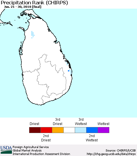 Sri Lanka Precipitation Rank since 1981 (CHIRPS) Thematic Map For 6/21/2018 - 6/30/2018