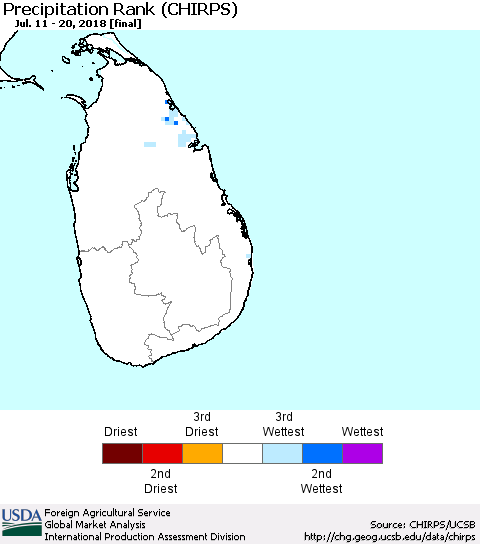 Sri Lanka Precipitation Rank since 1981 (CHIRPS) Thematic Map For 7/11/2018 - 7/20/2018
