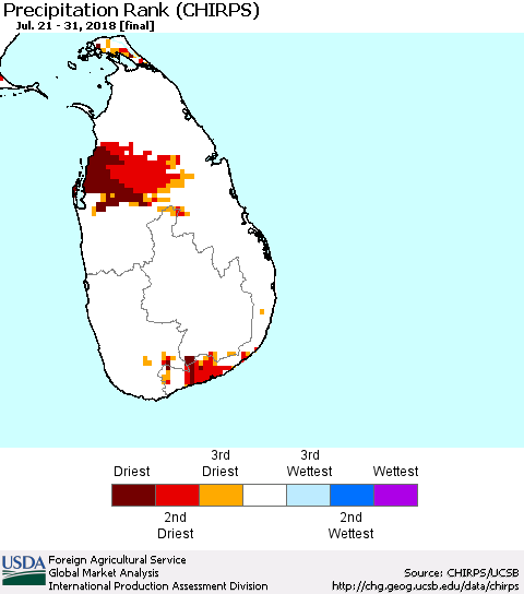 Sri Lanka Precipitation Rank since 1981 (CHIRPS) Thematic Map For 7/21/2018 - 7/31/2018
