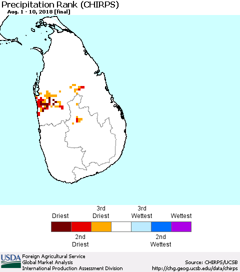 Sri Lanka Precipitation Rank since 1981 (CHIRPS) Thematic Map For 8/1/2018 - 8/10/2018
