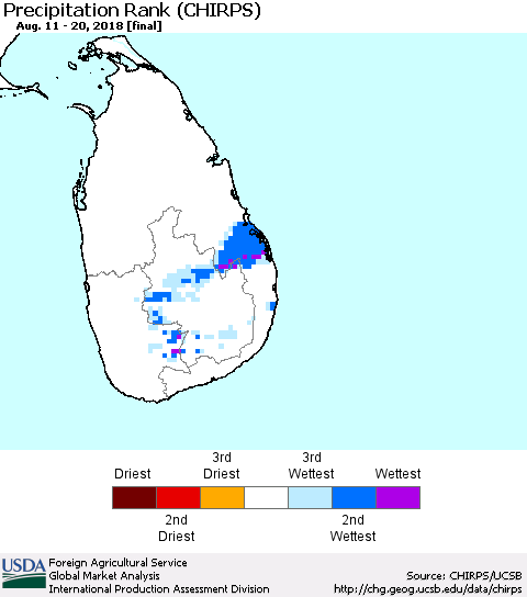 Sri Lanka Precipitation Rank since 1981 (CHIRPS) Thematic Map For 8/11/2018 - 8/20/2018