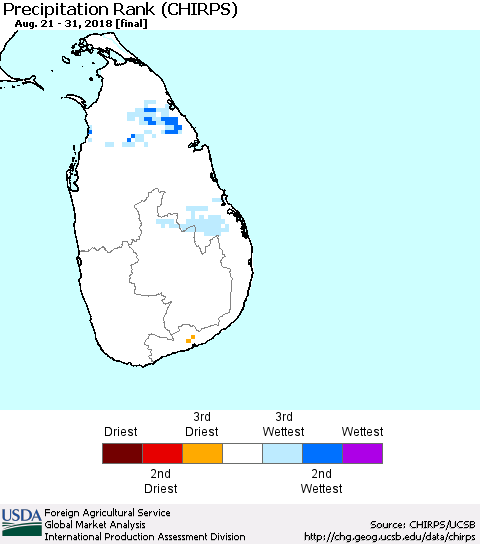 Sri Lanka Precipitation Rank since 1981 (CHIRPS) Thematic Map For 8/21/2018 - 8/31/2018
