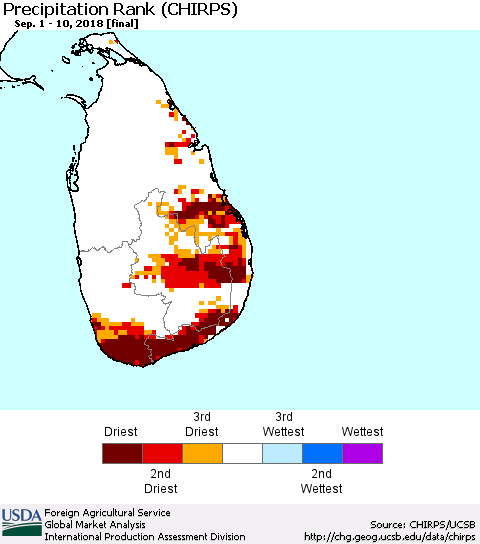 Sri Lanka Precipitation Rank since 1981 (CHIRPS) Thematic Map For 9/1/2018 - 9/10/2018