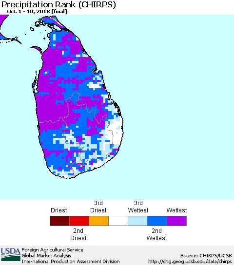 Sri Lanka Precipitation Rank since 1981 (CHIRPS) Thematic Map For 10/1/2018 - 10/10/2018