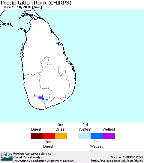 Sri Lanka Precipitation Rank since 1981 (CHIRPS) Thematic Map For 11/1/2018 - 11/10/2018