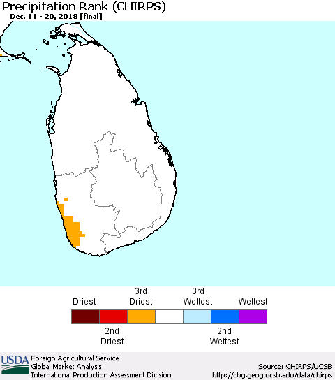Sri Lanka Precipitation Rank since 1981 (CHIRPS) Thematic Map For 12/11/2018 - 12/20/2018