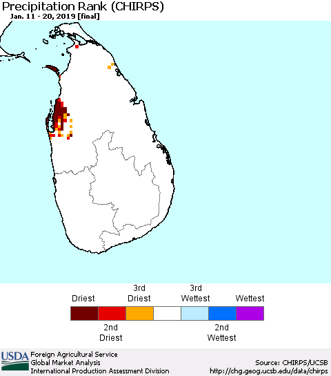 Sri Lanka Precipitation Rank since 1981 (CHIRPS) Thematic Map For 1/11/2019 - 1/20/2019
