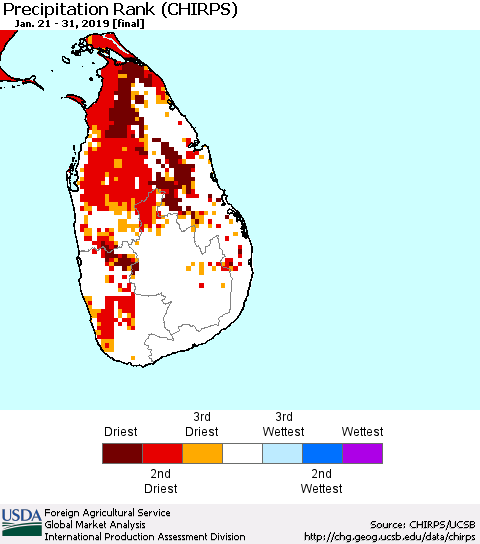 Sri Lanka Precipitation Rank since 1981 (CHIRPS) Thematic Map For 1/21/2019 - 1/31/2019