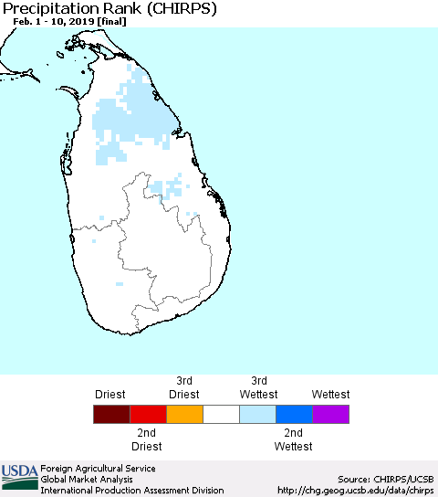 Sri Lanka Precipitation Rank since 1981 (CHIRPS) Thematic Map For 2/1/2019 - 2/10/2019