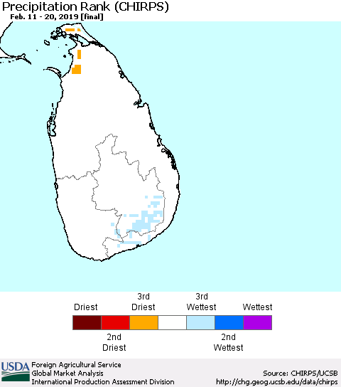 Sri Lanka Precipitation Rank since 1981 (CHIRPS) Thematic Map For 2/11/2019 - 2/20/2019