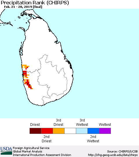 Sri Lanka Precipitation Rank since 1981 (CHIRPS) Thematic Map For 2/21/2019 - 2/28/2019