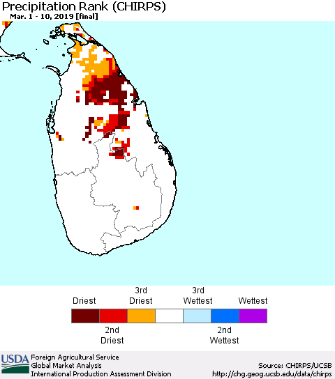 Sri Lanka Precipitation Rank since 1981 (CHIRPS) Thematic Map For 3/1/2019 - 3/10/2019