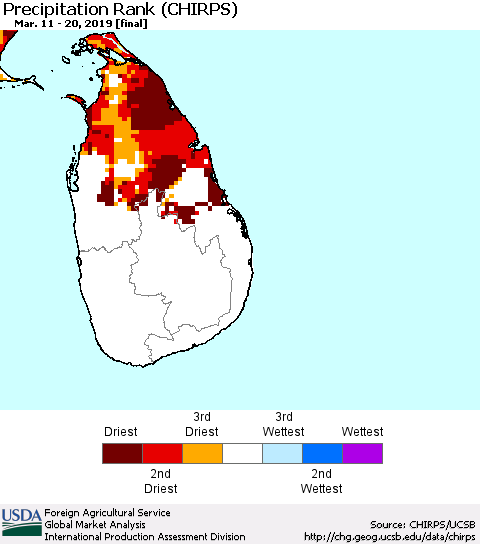 Sri Lanka Precipitation Rank since 1981 (CHIRPS) Thematic Map For 3/11/2019 - 3/20/2019