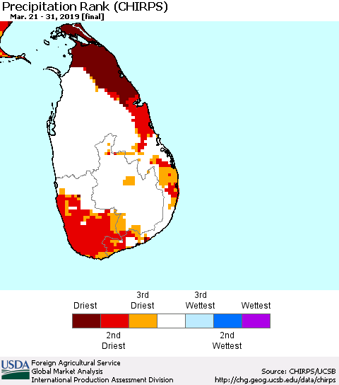 Sri Lanka Precipitation Rank since 1981 (CHIRPS) Thematic Map For 3/21/2019 - 3/31/2019