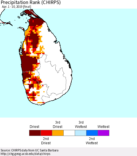 Sri Lanka Precipitation Rank since 1981 (CHIRPS) Thematic Map For 4/1/2019 - 4/10/2019