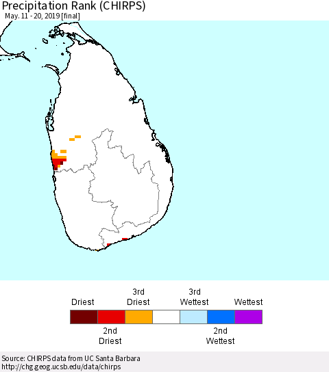 Sri Lanka Precipitation Rank (CHIRPS) Thematic Map For 5/11/2019 - 5/20/2019