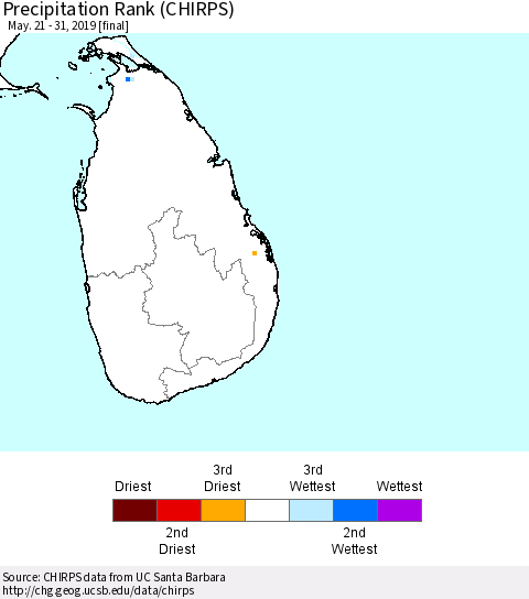 Sri Lanka Precipitation Rank (CHIRPS) Thematic Map For 5/21/2019 - 5/31/2019