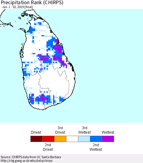 Sri Lanka Precipitation Rank (CHIRPS) Thematic Map For 6/1/2019 - 6/10/2019