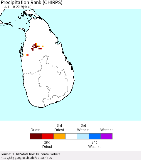 Sri Lanka Precipitation Rank (CHIRPS) Thematic Map For 7/1/2019 - 7/10/2019