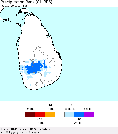 Sri Lanka Precipitation Rank (CHIRPS) Thematic Map For 7/11/2019 - 7/20/2019