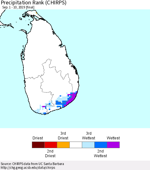 Sri Lanka Precipitation Rank (CHIRPS) Thematic Map For 9/1/2019 - 9/10/2019