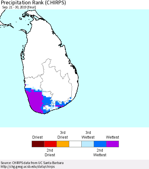 Sri Lanka Precipitation Rank (CHIRPS) Thematic Map For 9/21/2019 - 9/30/2019