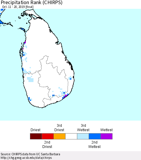 Sri Lanka Precipitation Rank (CHIRPS) Thematic Map For 10/11/2019 - 10/20/2019