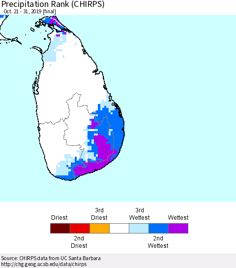 Sri Lanka Precipitation Rank (CHIRPS) Thematic Map For 10/21/2019 - 10/31/2019
