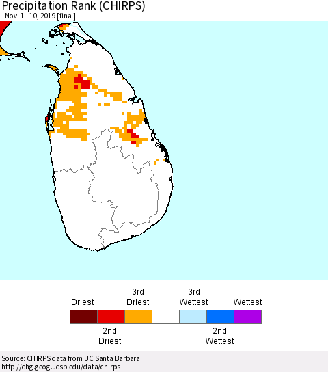 Sri Lanka Precipitation Rank since 1981 (CHIRPS) Thematic Map For 11/1/2019 - 11/10/2019