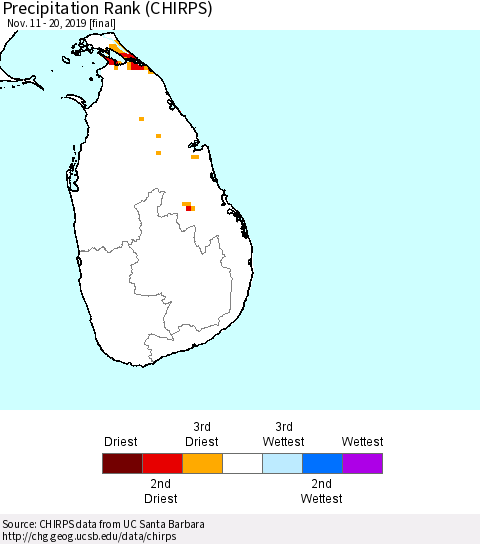 Sri Lanka Precipitation Rank (CHIRPS) Thematic Map For 11/11/2019 - 11/20/2019