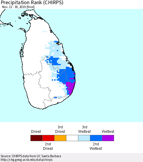 Sri Lanka Precipitation Rank (CHIRPS) Thematic Map For 11/21/2019 - 11/30/2019