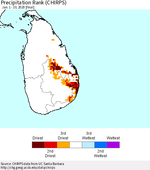 Sri Lanka Precipitation Rank (CHIRPS) Thematic Map For 1/1/2020 - 1/10/2020