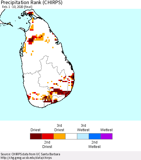 Sri Lanka Precipitation Rank since 1981 (CHIRPS) Thematic Map For 2/1/2020 - 2/10/2020