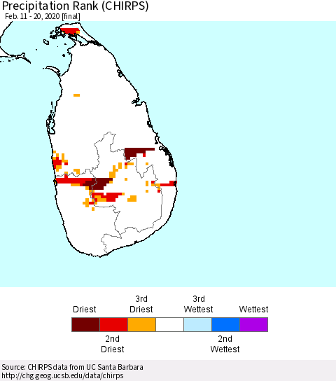 Sri Lanka Precipitation Rank (CHIRPS) Thematic Map For 2/11/2020 - 2/20/2020