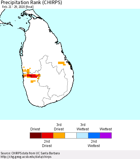 Sri Lanka Precipitation Rank (CHIRPS) Thematic Map For 2/21/2020 - 2/29/2020