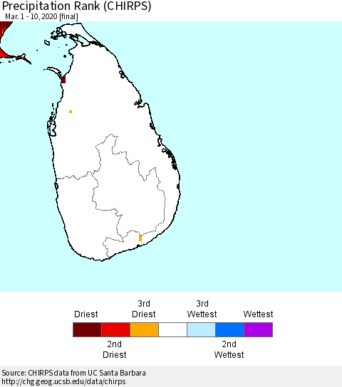Sri Lanka Precipitation Rank since 1981 (CHIRPS) Thematic Map For 3/1/2020 - 3/10/2020