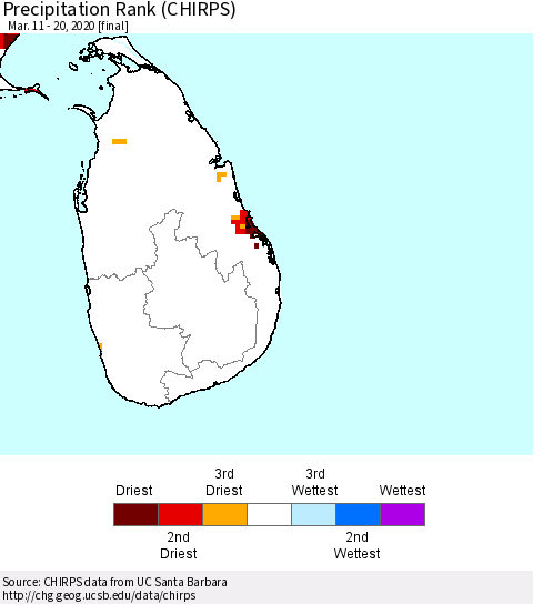 Sri Lanka Precipitation Rank (CHIRPS) Thematic Map For 3/11/2020 - 3/20/2020