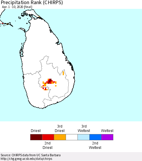 Sri Lanka Precipitation Rank since 1981 (CHIRPS) Thematic Map For 4/1/2020 - 4/10/2020