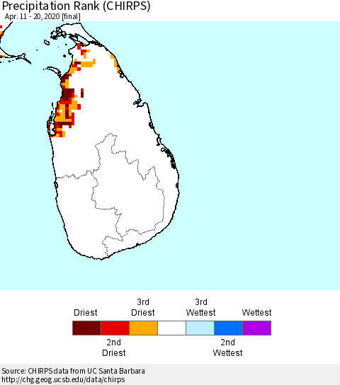 Sri Lanka Precipitation Rank (CHIRPS) Thematic Map For 4/11/2020 - 4/20/2020