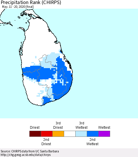 Sri Lanka Precipitation Rank since 1981 (CHIRPS) Thematic Map For 5/11/2020 - 5/20/2020