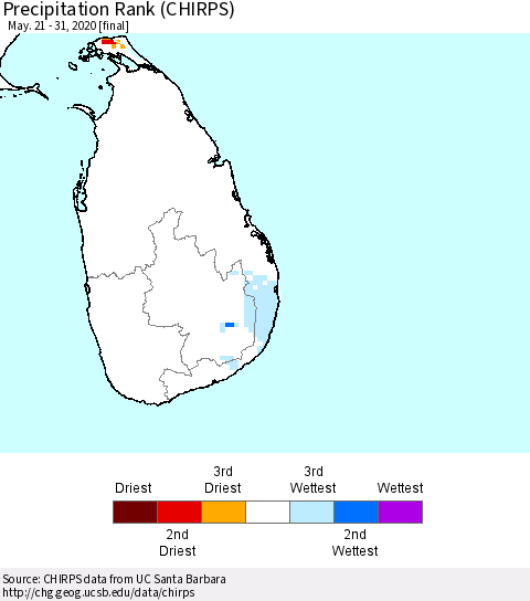 Sri Lanka Precipitation Rank since 1981 (CHIRPS) Thematic Map For 5/21/2020 - 5/31/2020