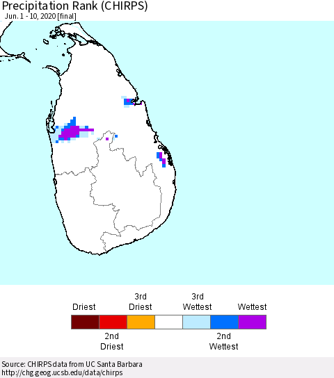 Sri Lanka Precipitation Rank (CHIRPS) Thematic Map For 6/1/2020 - 6/10/2020